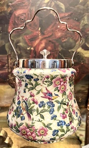 Vintage England Chintz Silver EPNS Handled Biscuit Jar Lid Bird Flowers Colorful - Picture 1 of 8