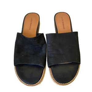 Lucky Brand Womens Mules Sandals 8.5 Black Upper Leather Wooden Macrame Heel - Picture 1 of 11