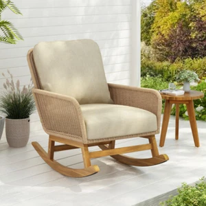Contemporary Minimalist Ivory Wicker Rocking Chair with Soft Polyester Cushions  - Picture 1 of 58