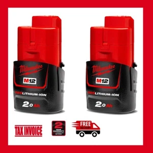 2 x Genuine Milwaukee M12B2 12V 2.0Ah RED LITHIUM Battery - 2 Year Warranty - Picture 1 of 1