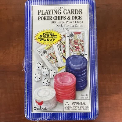 NEW POKER PLAYING CARDS, POKER CHIPS AND DICE WITH COLLECTORS TIN CARDINAL. - Image 1 of 3