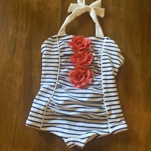 Janie And Jack Striped Bloom One Piece Swimsuit Girls 3-6 Navy/White Pink Blooms - Picture 1 of 7