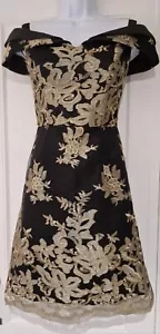 Womens Chi Chi London Black Gold Floral Lace Mesh Satin Occasion Flared Dress 10 - Picture 1 of 14