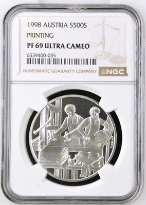 1998 Austria 500 Schilling Printing Press Silver Proof NGC PF 69 ULTRA CAMEO - Image 1 of 4