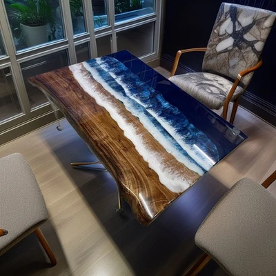 Mesa de centro de resina epoxi Ocean Wave de lujo | Escritorio de arte de playa de madera con borde vivo Foto 1 de 4