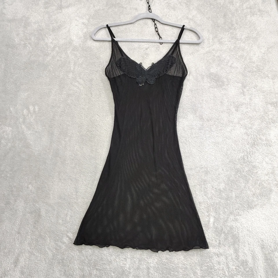 VTG Y2K Rampage Vestido mini babydoll de malla transparente negra M Bordado de mariposa Foto 1 de 4