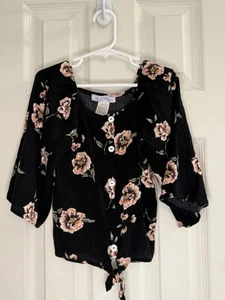 Love & Whimsy Girls Floral Top, Black, Button Front, 3/4 Sleeve, Size 7 - Picture 1 of 2
