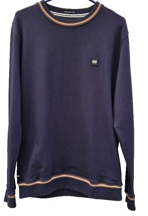 Weekend Offender Sweatshirt S Navy 100% Cotton Cream Brown Stripe Crew - Image 1 of 4