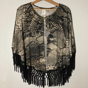 Coco Bianca Poncho/Tuch hellbraun schwarz Animal Print Häkel Fransen Goldverschluss schick - Bild 1 von 9