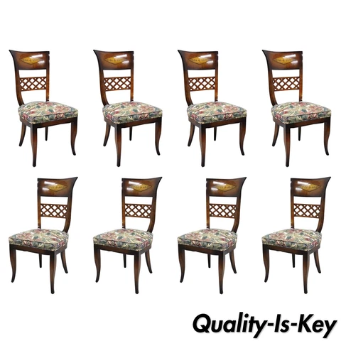 8 Italian Neoclassical Style High Back Lattice & Brass Inlay Dining Chairs Cover