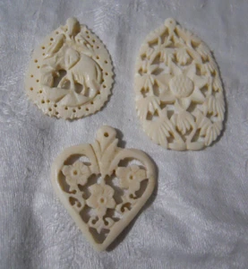 Vintage Victorian? Carved Openwork Pendants 2 Floral 1 elephant Inricate - Picture 1 of 3