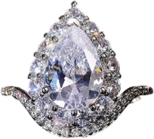 925 Sterling Silver Creative Pear Shape Drop Ring Women's AAA Pear Cut Teardr... - Picture 1 of 12