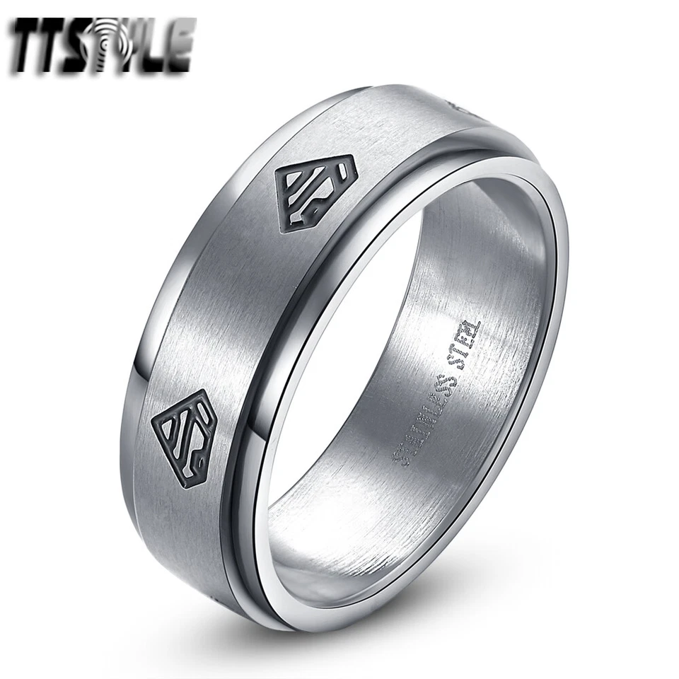 TTstyle 8mm Brushed Stainless Steel Superman Spinner Ring Size 6-15 NEW - Image 1 of 1