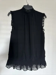 J Crew Top Women’s 10 T Black Floral Ruffle Neck Sleeveless Lined Elastic Waist - Picture 1 of 10