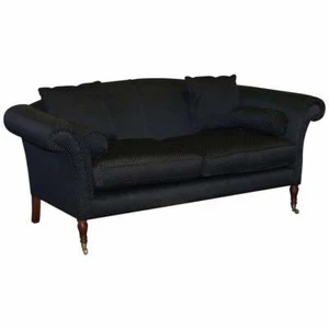 HAND MADE BLACK & SILVER UPHOLSTERED SOFA LIGHT MAHOGANY FRAME ONE OF TWO PIECES - Picture 1 of 11