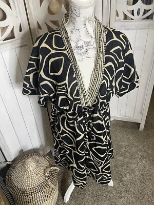 Haute Hippie Boho Lightweight Dress Size XL Semi Sheer Black Beige Waist Cinch - Image 1 of 4