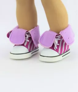 Lila & silber gestreifte hohe Sneakers passt American Girl Puppen & 18" Puppen - Bild 1 von 2
