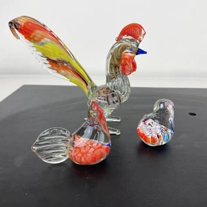 Hand Blown Art Glass 3 Figurines Chicken Rooster & Chick Millefiori - Picture 1 of 16