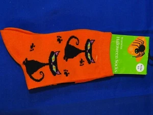 Womans Halloween Socks Orange with 2 Black Cat Size 9-11 B04 - Picture 1 of 4