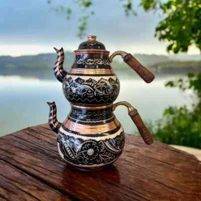 Tetera de cobre macizo grabada, tetera de cobre turco Foto 1 de 4