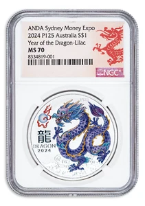 Moneda Australia Dragón Lunar 2024 1 oz plata color lila NGC MS70 - Imagen 1 de 2
