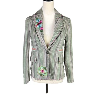 Aziz S Green Gray Stripe Distressed Edge Embroidered Flower Cotton Blazer Jacket - Picture 1 of 9