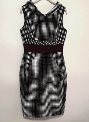 Donna Ricco Black & White Polka Dot Sheath Dress Sleeveless Satin Waist Detail 8 - Image 1 of 4