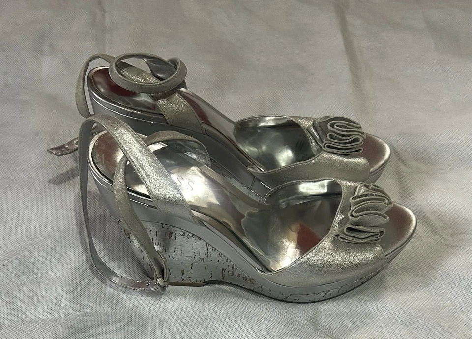 Guess Women’s Wedge Heel Shoes Size 8M Ladies High Heels Silver Block Sling Back - Image 1 of 4
