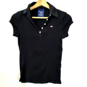 Women's Polo Ralph Lauren Black Top SZ M Ribbed Short Sleeves 1/4 Button Logo - Picture 1 of 9