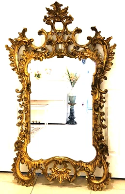 Espejo de pared francés antiguo hoja de oro tallado a mano madera maciza 62”x 36” decoración del hogar Foto 1 de 4
