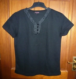 Black Top T-Shirt Size M/L Short Sleeve by Image Embroidery Trim Excellent Cond - Picture 1 of 5
