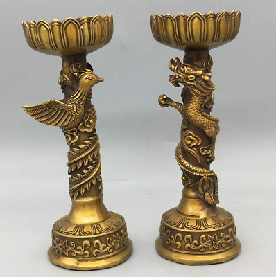 China Old Tibet Buddhism Xuande Mark Bronze Gilt Dragon Phoenix Candlestick Pair • 188.98$