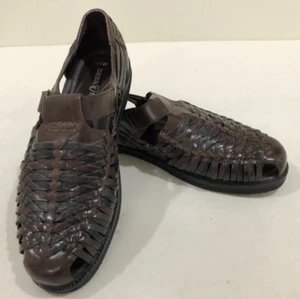 Deer Stags Mens Sz 11W Leather Brown Braided Sandals Bamboo 2 Hook Loop Closure - Picture 1 of 12
