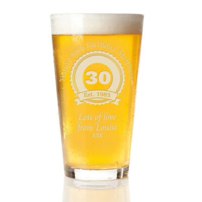 Engraved Beer Pint Glass 30th 40th 50th Personalised Birthday Gift Boxed Present
