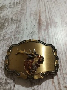 Hebilla de cinturón Western vintage Bugling Elk esmalte 3D sobre latón 1978 Raintree - Imagen 1 de 4