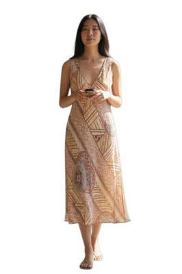 Vestido midi de seda BANANA REPUBLIC para mujer 14 cintura imperio cuello en V artístico neutro Y2K Foto 1 de 4