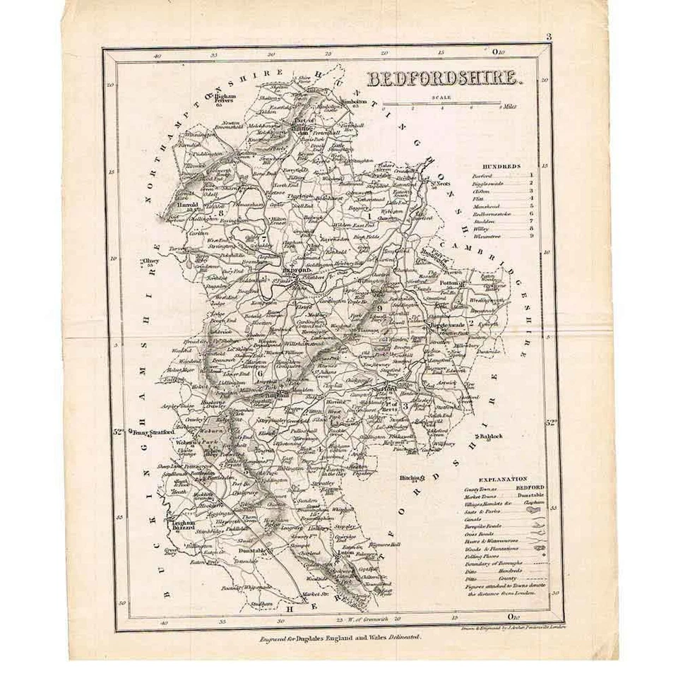 Mapa antiguo c1840-Bedfordshire por Archer para Dugdales Inglaterra y Gales delineado Foto 1 de 1