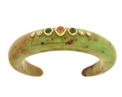 Mark Davis Green Bakelite & 18K Yellow Gold Diamond / Gemstone Cuff Bracelet  Foto 1 de 4
