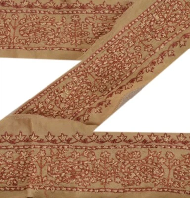 Санскрити винтажная кайма сари антикварная ручная вышивка 1 ярд индийская отделка бежевая La - Изображение 1 из 4