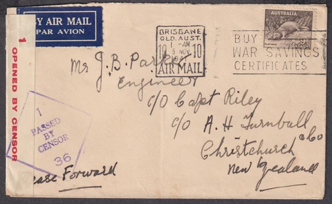 1941 Australia 9d, Airmail / Censor; Brisbane Slogan to Christchuch, New Zealand Cover