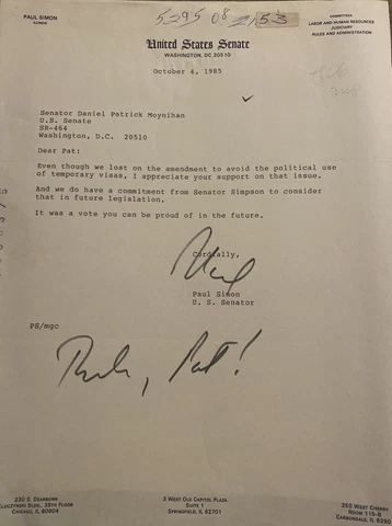 Senator Paul Simon 1985 Typed Letter Signed - To NY Senator Daniel P. Moynihan Cover