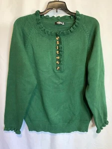 BTFBM Pullover Gr. S grün halber Knopf, Rüschenausschnitt & Ärmelsaum, gerippter Saum toll - Bild 1 von 19