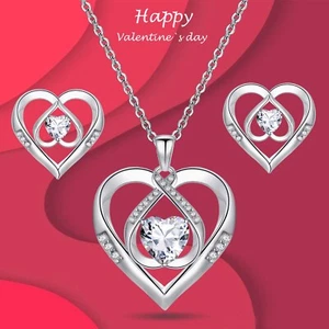 Jewelry Set 925 Sterling Silver 5A Triple Heart Necklace Earrings for Women - Picture 1 of 8