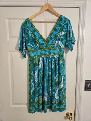 Vestido Nuevas Direcciones Azul y Verde Cachemira Cuello en V Profundo Talla 8 Foto 1 de 4