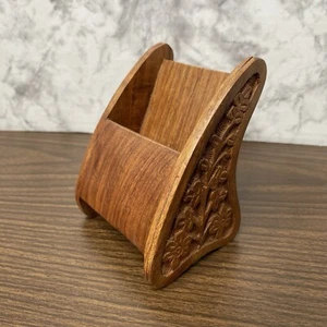 Carved Wood Business Card Holder Desk Office Accessory Stand Alone Boho Vintage - Picture 1 of 10