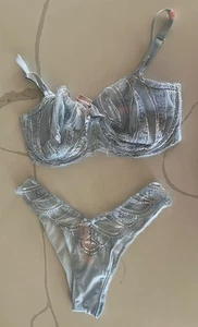 Victoria’s Secret DREAM ANGELS Bra & Panty Set Blue Lace Sequin 38DDD/Large NWT - Picture 1 of 4