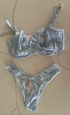 Victoria’s Secret DREAM ANGELS Bra & Panty Set Blue Lace Sequin 38DDD/Large NWT - Image 1 of 4
