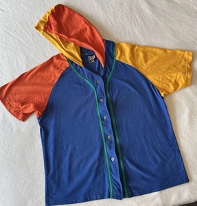 Vintage 90's Italian Club Hooded Short Sleeve Button Down Shirt XL Color Block - Picture 1 of 3