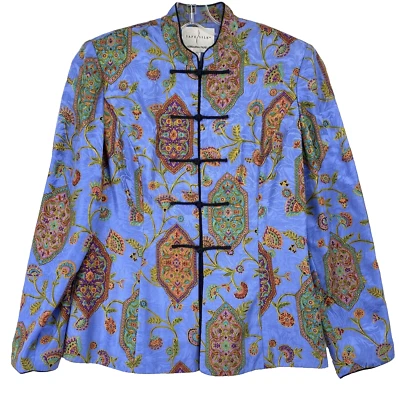 Chaqueta de Colección Adrianna Papell Safe Seda Mandarín Talla 10 Azul Floral Asiático Palanca Foto 1 de 4