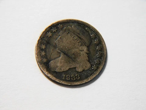 1833 *Toned* Capped Bust Silver Dime with VG details,  Nice *Low Priced* Coin Cover